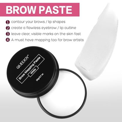 QUEEJOY 20g White Brow Mapping Paste & 2pcs Eyebrow Brush Set – Brow Contour & Lip Shape Positioning Tool for Flawless Eyebrows and Lips
