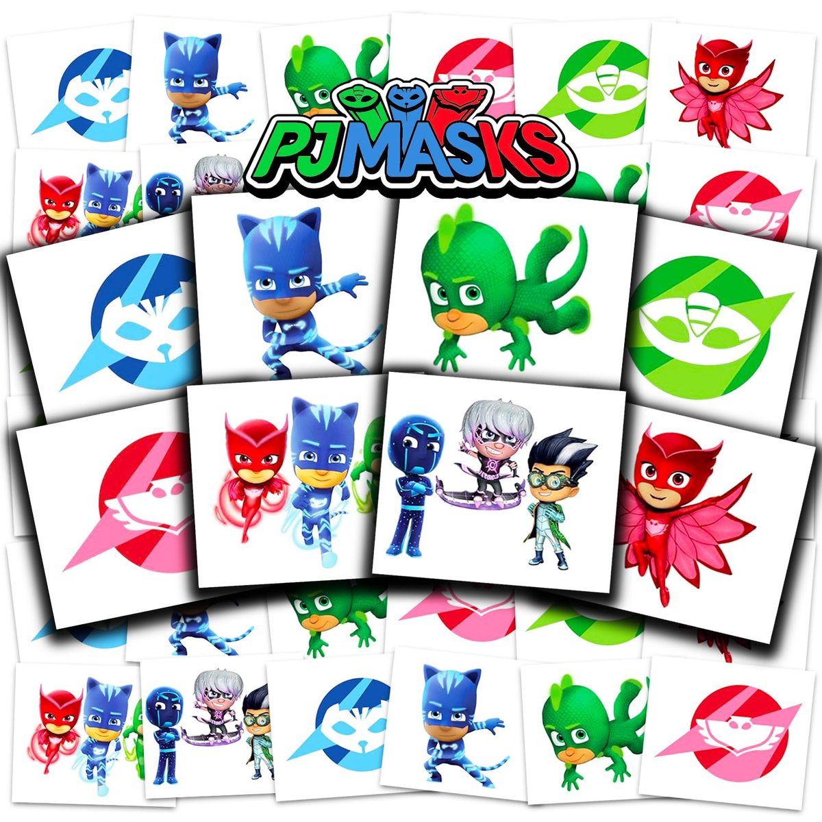 PJ Masks Tattoos Party Favors Bundle - 72 Perforated Individual 2" x 2" Temporary Tattoos for Kids Boys Girls - PJ Masks Party Supplies Made in USA - görsel 1