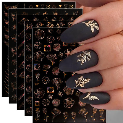 12 Sheets Floral Gold Nail Art Stickers - Spring Summer Self-Adhesive Nail Decals