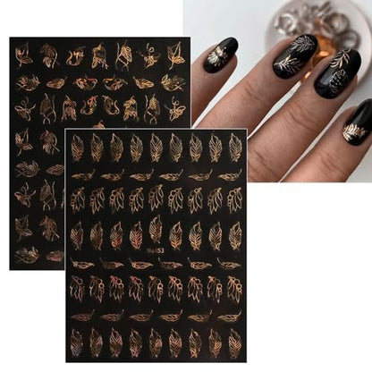 12 Sheets Floral Gold Nail Art Stickers - Spring Summer Self-Adhesive Nail Decals