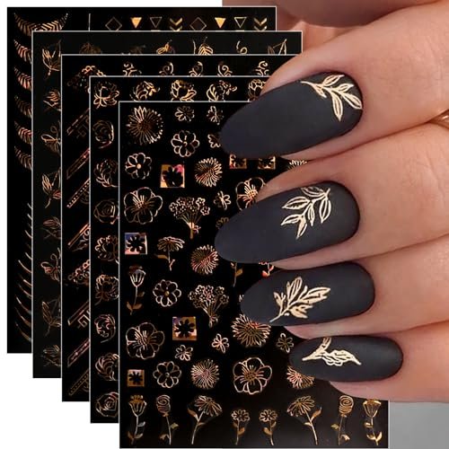 12 Sheets Floral Gold Nail Art Stickers - Spring Summer Self-Adhesive Nail Decals - görsel 2