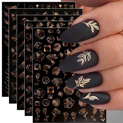 12 Sheets Floral Gold Nail Art Stickers - Spring Summer Self-Adhesive Nail Decals