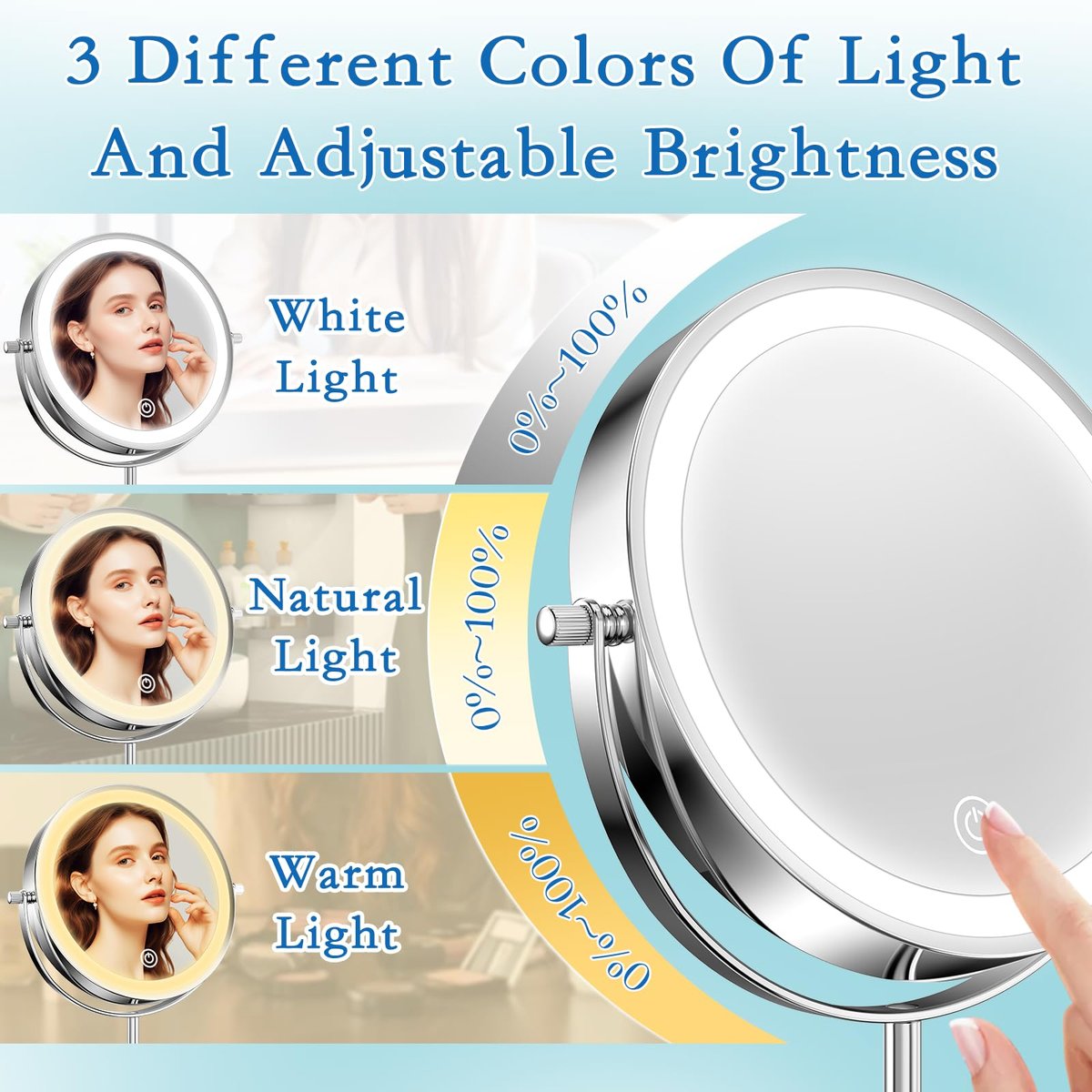 Niuphia Vanity Mirror with Lights 7" Rechargeable 1x/10x Lighted Makeup Mirror - Adjustable Height Double Sided Mirror with 360° Rotation Avelisse