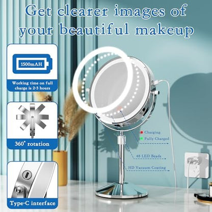 Niuphia Vanity Mirror with Lights 7" Rechargeable 1x/10x Lighted Makeup Mirror - Adjustable Height Double Sided Mirror with 360° Rotation Avelisse