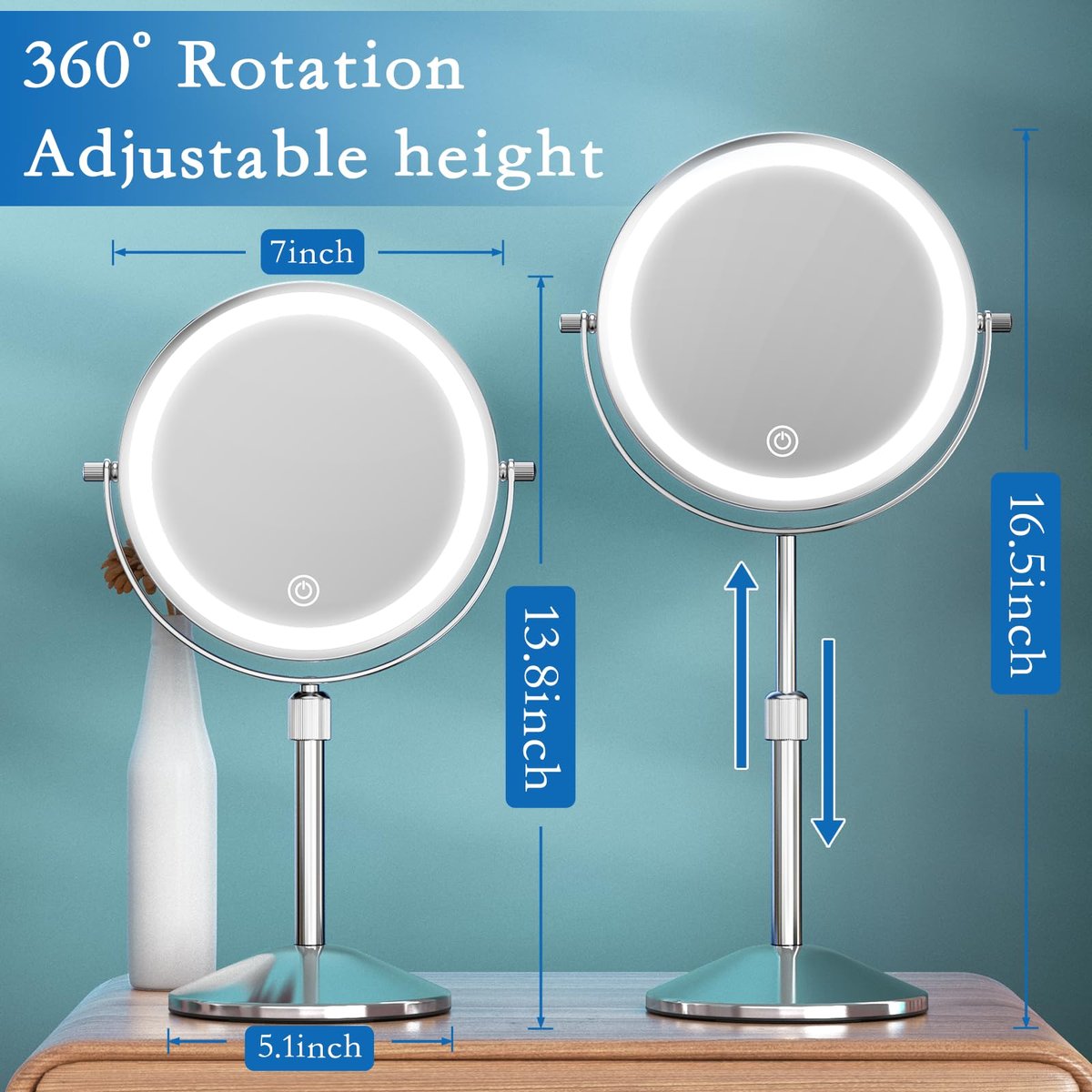 Niuphia Vanity Mirror with Lights 7" Rechargeable 1x/10x Lighted Makeup Mirror - Adjustable Height Double Sided Mirror with 360° Rotation Avelisse