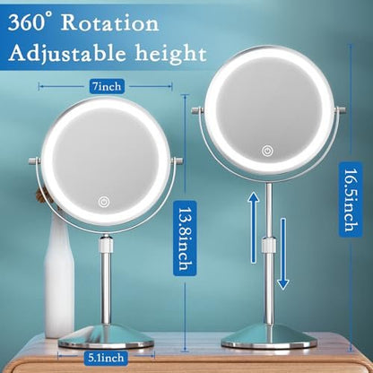 Niuphia Vanity Mirror with Lights 7" Rechargeable 1x/10x Lighted Makeup Mirror - Adjustable Height Double Sided Mirror with 360° Rotation Avelisse