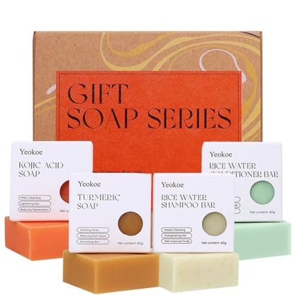 Yeokoe Turmeric Soap Bar and Rice Water Shampoo Conditioner Bar Set – Deep Cleansing Kojic Acid Soap for Body, Face, and Hair – Travel Toiletries & Spa Gifts for Women