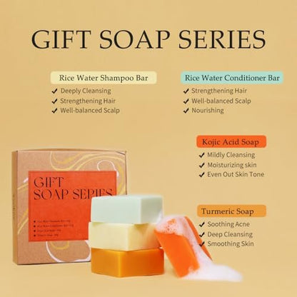 Yeokoe Turmeric Soap Bar and Rice Water Shampoo Conditioner Bar Set – Deep Cleansing Kojic Acid Soap for Body, Face, and Hair – Travel Toiletries & Spa Gifts for Women