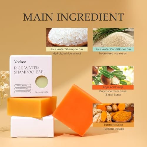 Yeokoe Turmeric Soap Bar and Rice Water Shampoo Conditioner Bar Set – Deep Cleansing Kojic Acid Soap for Body, Face, and Hair – Travel Toiletries & Spa Gifts for Women - görsel 4