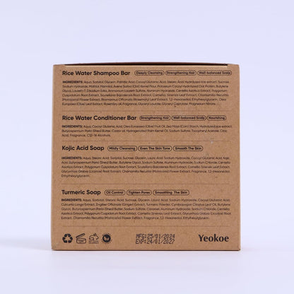 Yeokoe Turmeric Soap Bar and Rice Water Shampoo Conditioner Bar Set – Deep Cleansing Kojic Acid Soap for Body, Face, and Hair – Travel Toiletries & Spa Gifts for Women