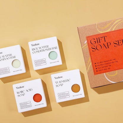Yeokoe Turmeric Soap Bar and Rice Water Shampoo Conditioner Bar Set – Deep Cleansing Kojic Acid Soap for Body, Face, and Hair – Travel Toiletries & Spa Gifts for Women