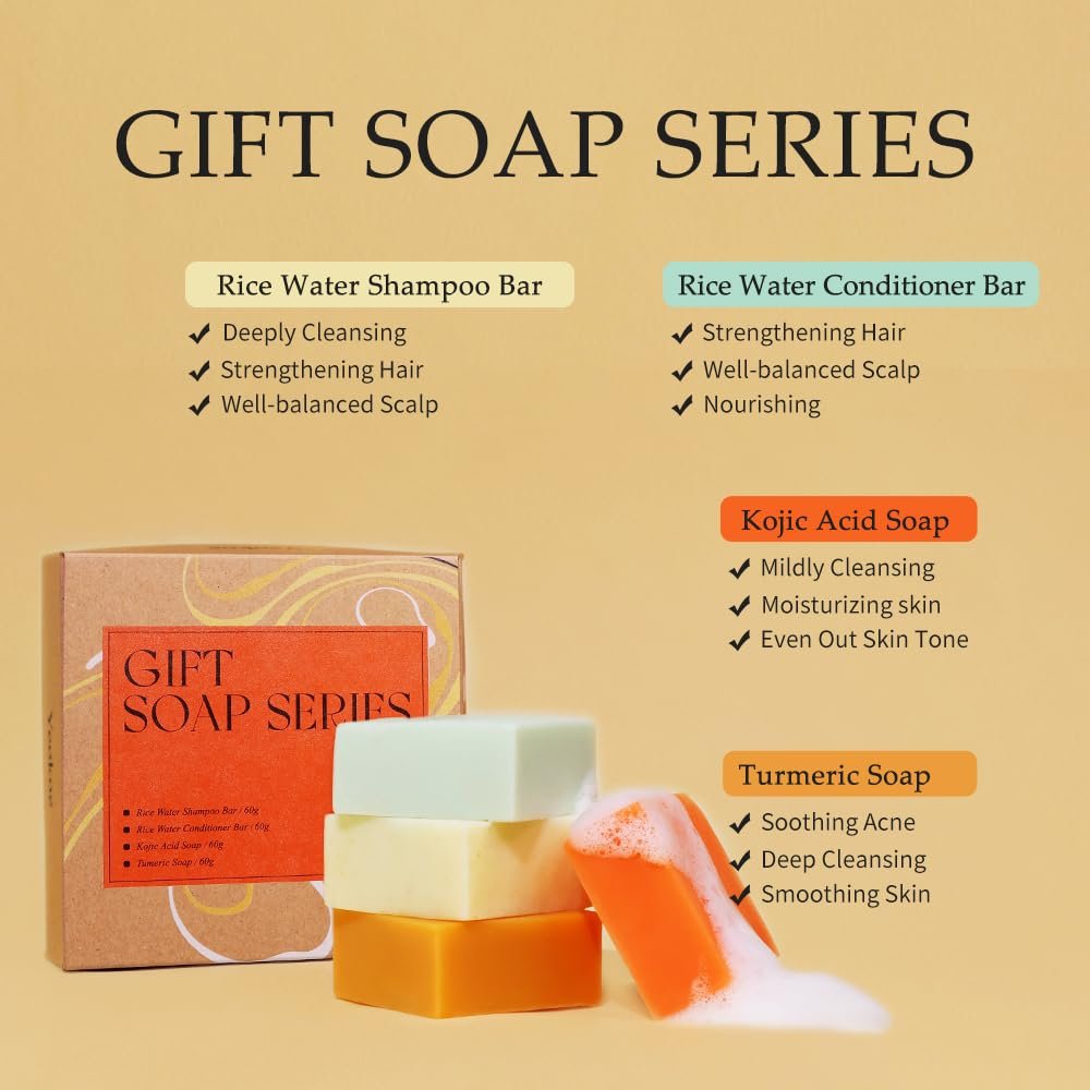 Yeokoe Turmeric Soap Bar and Rice Water Shampoo Conditioner Bar Set – Deep Cleansing Kojic Acid Soap for Body, Face, and Hair – Travel Toiletries & Spa Gifts for Women - görsel 5