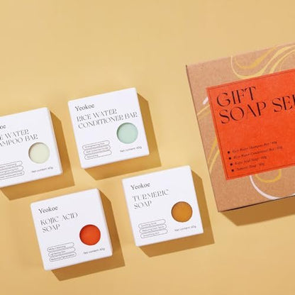 Yeokoe Turmeric Soap Bar and Rice Water Shampoo Conditioner Bar Set – Deep Cleansing Kojic Acid Soap for Body, Face, and Hair – Travel Toiletries & Spa Gifts for Women