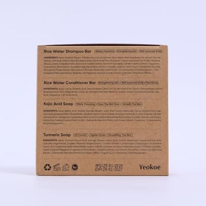 Yeokoe Turmeric Soap Bar and Rice Water Shampoo Conditioner Bar Set – Deep Cleansing Kojic Acid Soap for Body, Face, and Hair – Travel Toiletries & Spa Gifts for Women