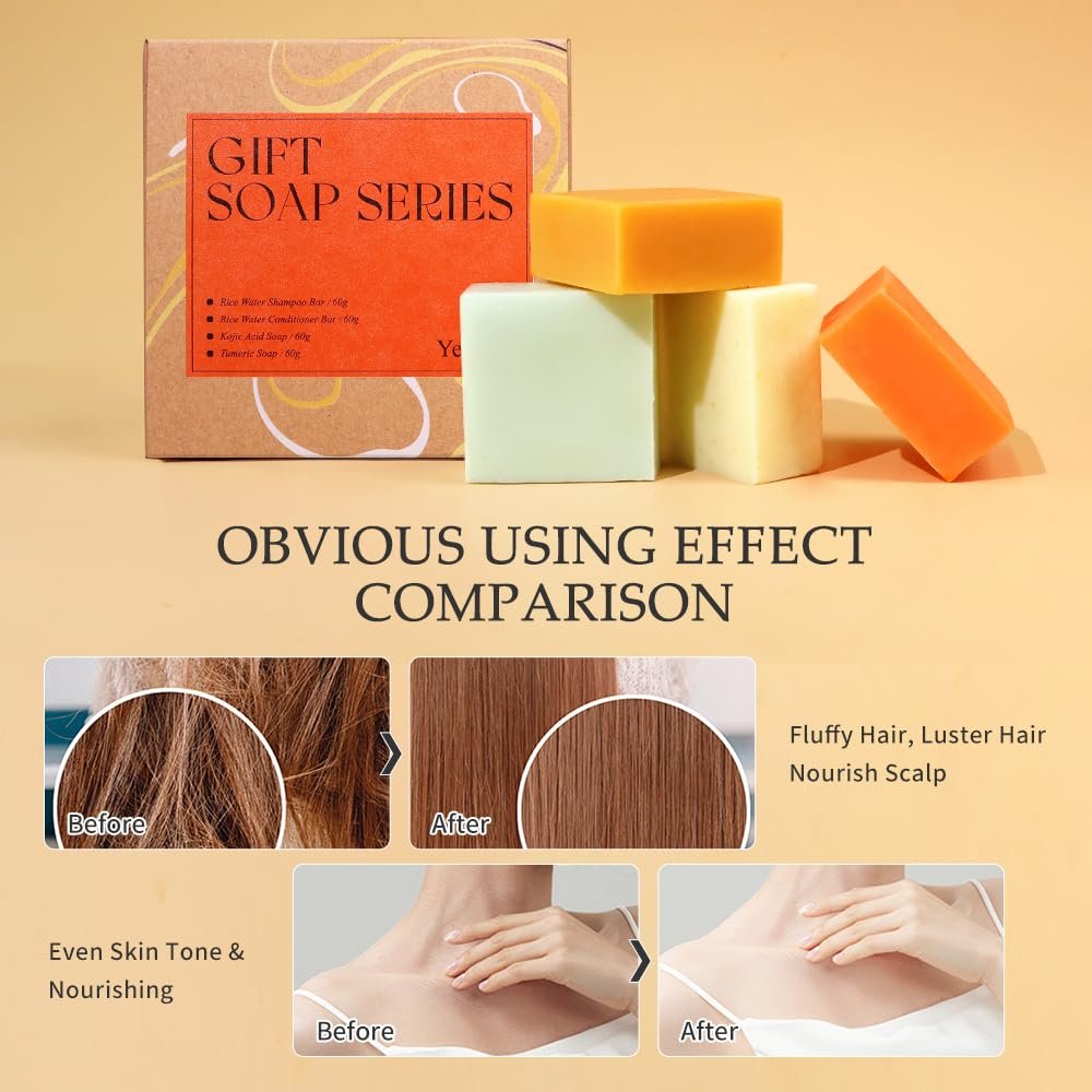 Yeokoe Turmeric Soap Bar and Rice Water Shampoo Conditioner Bar Set – Deep Cleansing Kojic Acid Soap for Body, Face, and Hair – Travel Toiletries & Spa Gifts for Women - görsel 7