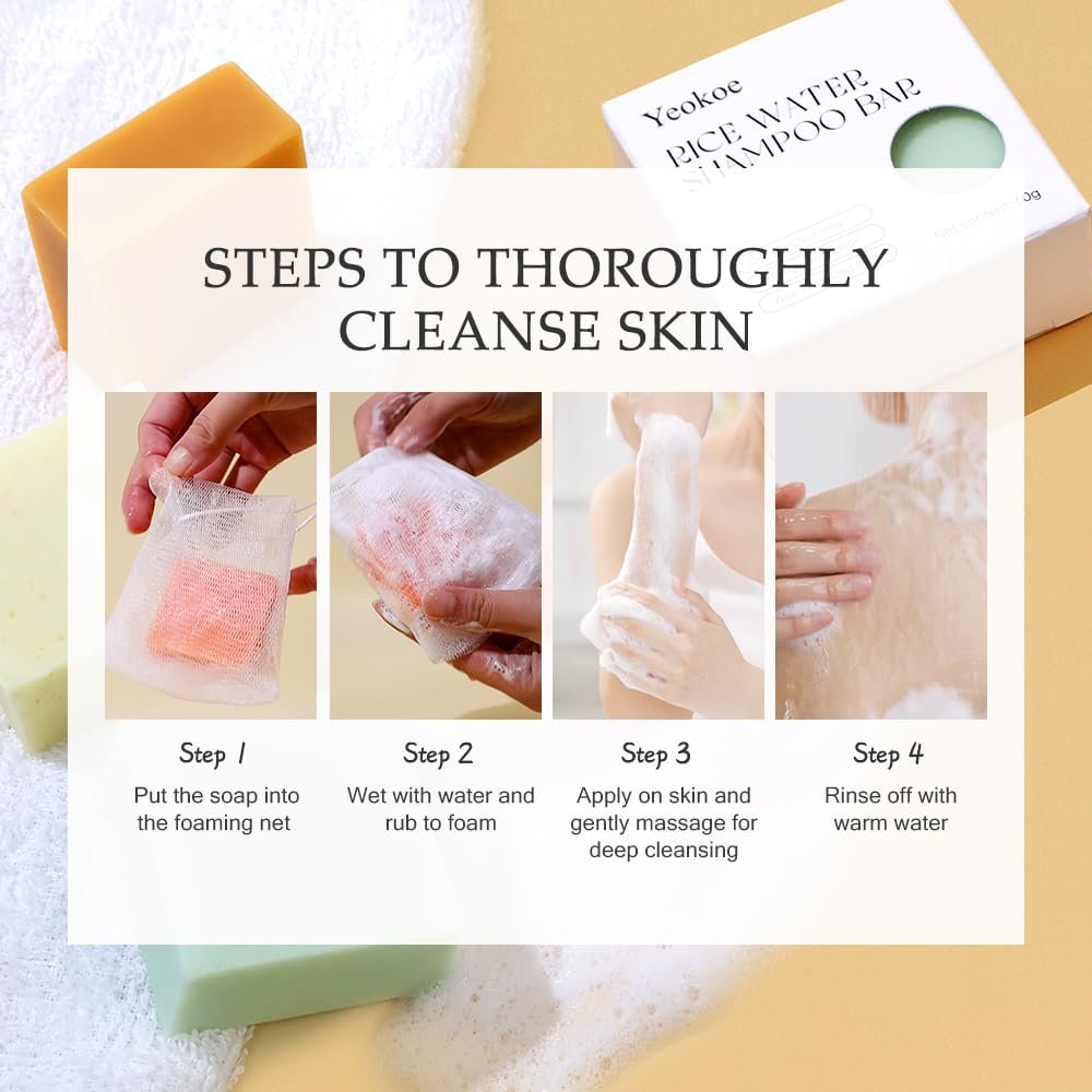 Yeokoe Turmeric Soap Bar and Rice Water Shampoo Conditioner Bar Set – Deep Cleansing Kojic Acid Soap for Body, Face, and Hair – Travel Toiletries & Spa Gifts for Women - görsel 9