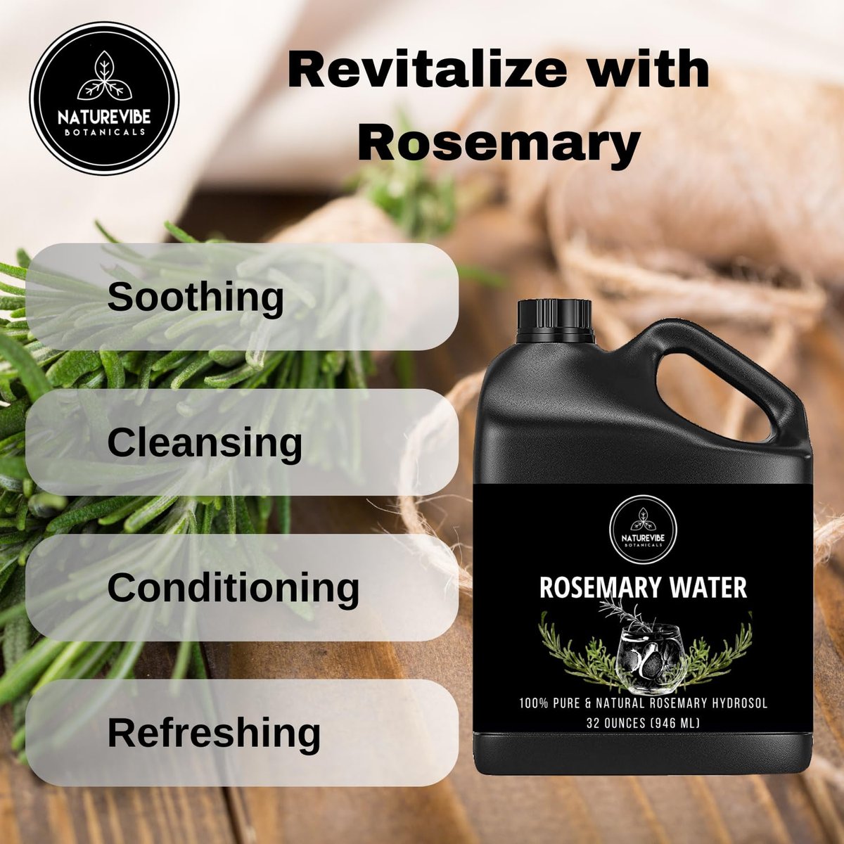 Naturevibe Botanicals Rosemary Water 32 oz – 100% Pure & Natural for Hair and Skin Care Avelisse