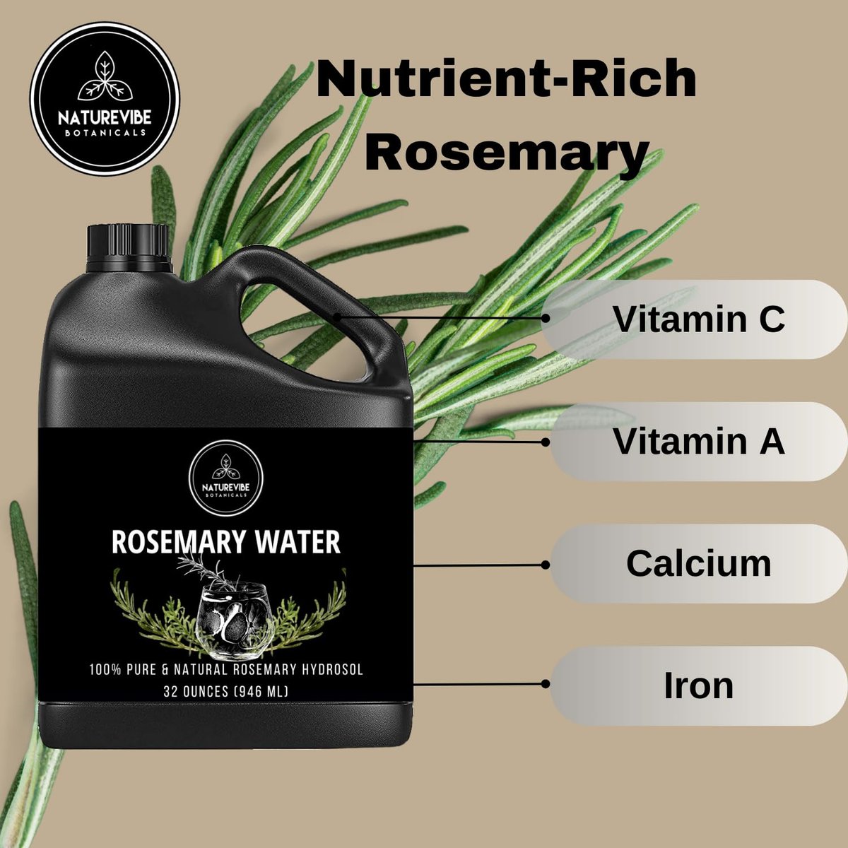 Naturevibe Botanicals Rosemary Water 32 oz – 100% Pure & Natural for Hair and Skin Care Avelisse