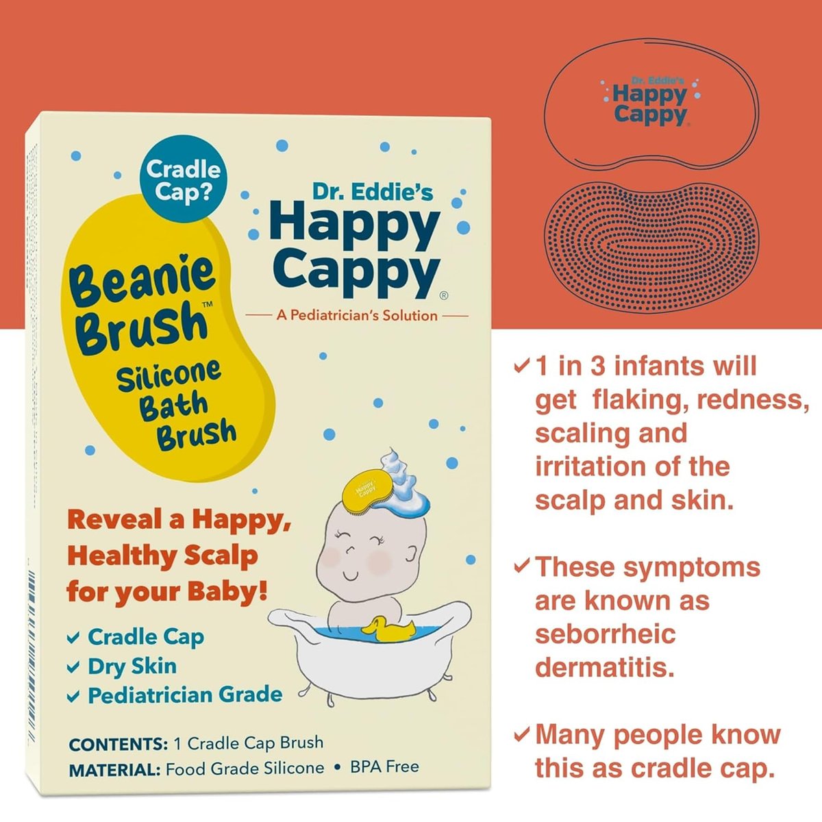 Happy Cappy Beanie Brush - Gentle Cradle Cap Brush for Babies, Exfoliating Baby Scalp Scrubber with Food Grade Silicone, BPA Free, Helps Dandruff & Flakes - görsel 7