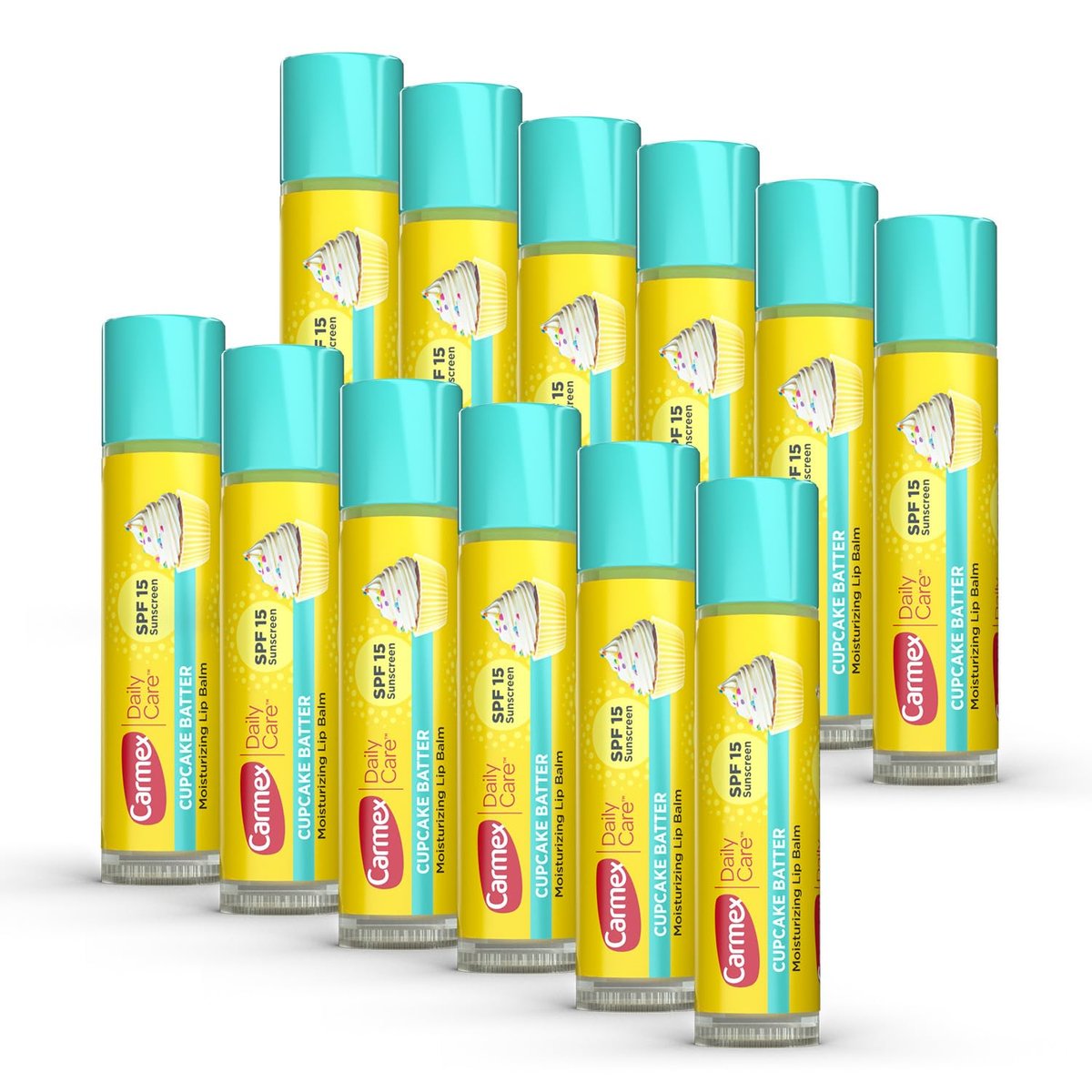 Carmex Daily Care Moisturizing Lip Balm with SPF 15, Cupcake Batter Lip Balm Sticks, 0.15 OZ Each - 12 Count Avelisse