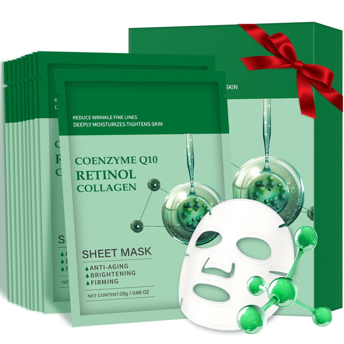 IREV Pack of 10 Collagen Face Mask with Coenzyme Q10 & Retinol – Anti Aging, Hydrating, Deep Repairing Sheet Masks for Moisturizing and Wrinkle Care (10 Count) - görsel 1