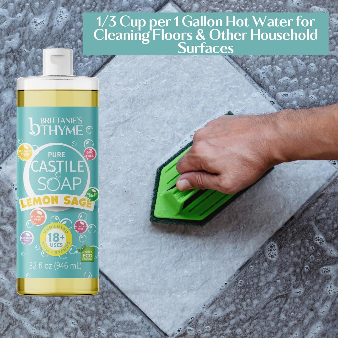 Brittanie's Pure Castile Liquid Soap Refill, Lemon Sage, 32 Ounce (Pack of 2) - Gentle & Natural Dish Soap, Hair & Body Wash, Vegan, Gluten-Free, Non-GMO Avelisse