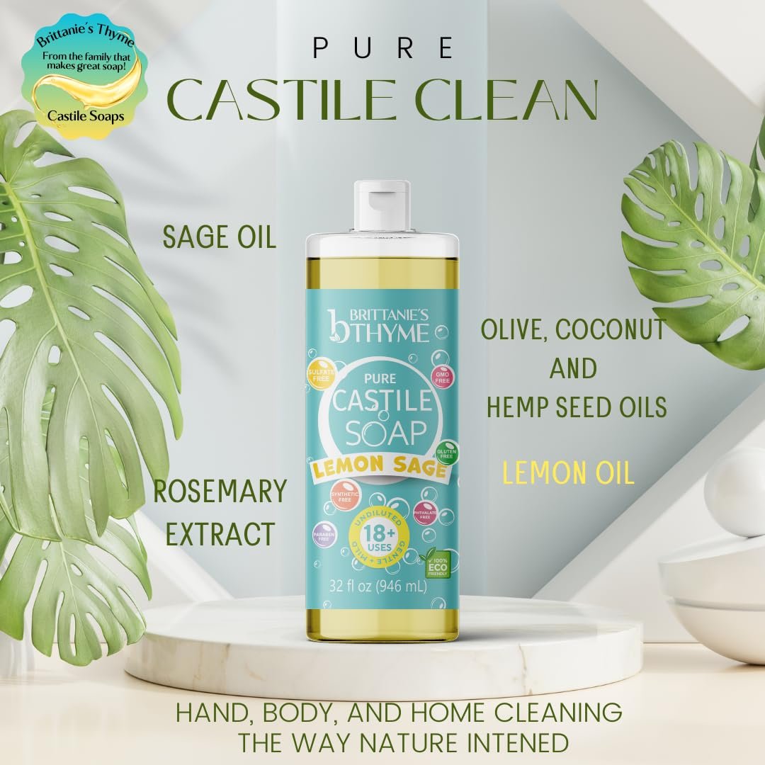 Brittanie's Pure Castile Liquid Soap Refill, Lemon Sage, 32 Ounce (Pack of 2) - Gentle & Natural Dish Soap, Hair & Body Wash, Vegan, Gluten-Free, Non-GMO Avelisse