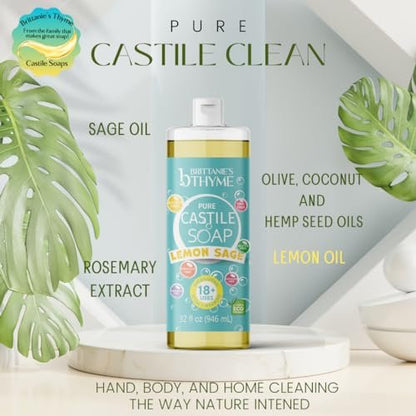 Brittanie's Pure Castile Liquid Soap Refill, Lemon Sage, 32 Ounce (Pack of 2) - Gentle & Natural Dish Soap, Hair & Body Wash, Vegan, Gluten-Free, Non-GMO Avelisse