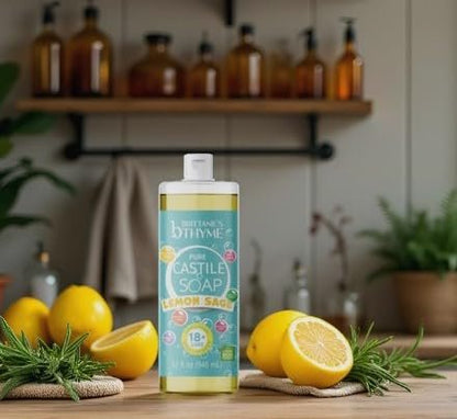 Brittanie's Pure Castile Liquid Soap Refill, Lemon Sage, 32 Ounce (Pack of 2) - Gentle & Natural Dish Soap, Hair & Body Wash, Vegan, Gluten-Free, Non-GMO Avelisse