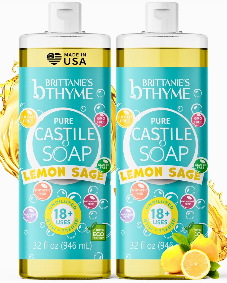 Brittanie's Pure Castile Liquid Soap Refill, Lemon Sage, 32 Ounce (Pack of 2) - Gentle & Natural Dish Soap, Hair & Body Wash, Vegan, Gluten-Free, Non-GMO Avelisse