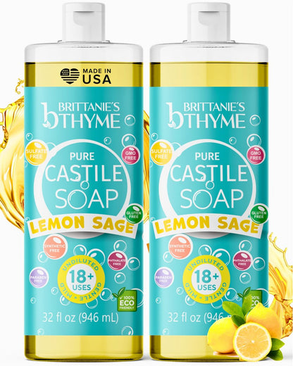 Brittanie's Pure Castile Liquid Soap Refill, Lemon Sage, 32 Ounce (Pack of 2) - Gentle & Natural Dish Soap, Hair & Body Wash, Vegan, Gluten-Free, Non-GMO Avelisse