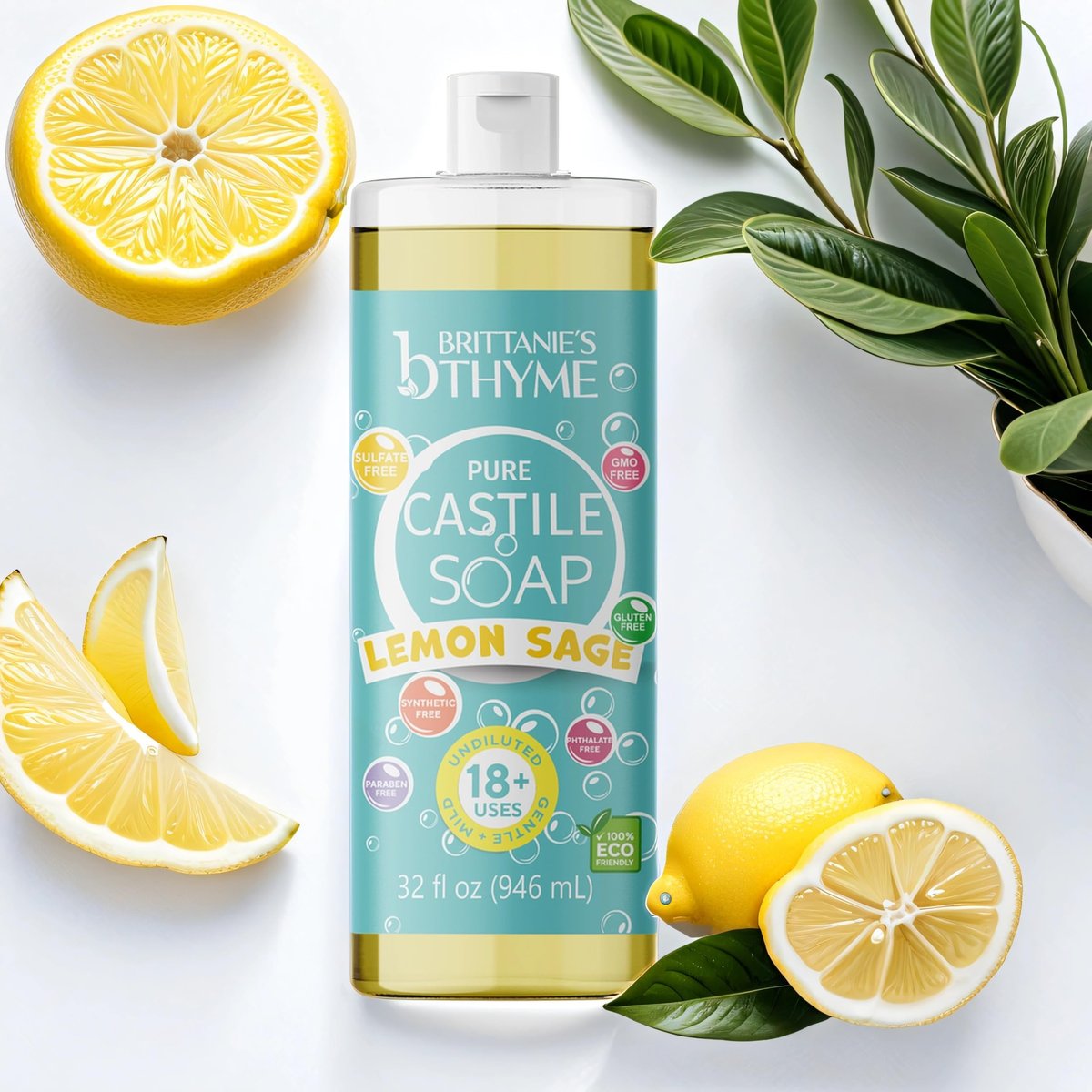 Brittanie's Pure Castile Liquid Soap Refill, Lemon Sage, 32 Ounce (Pack of 2) - Gentle & Natural Dish Soap, Hair & Body Wash, Vegan, Gluten-Free, Non-GMO Avelisse