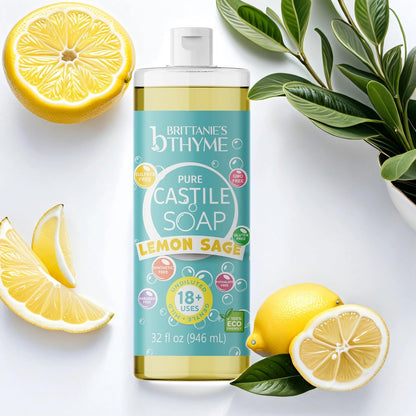 Brittanie's Pure Castile Liquid Soap Refill, Lemon Sage, 32 Ounce (Pack of 2) - Gentle & Natural Dish Soap, Hair & Body Wash, Vegan, Gluten-Free, Non-GMO Avelisse