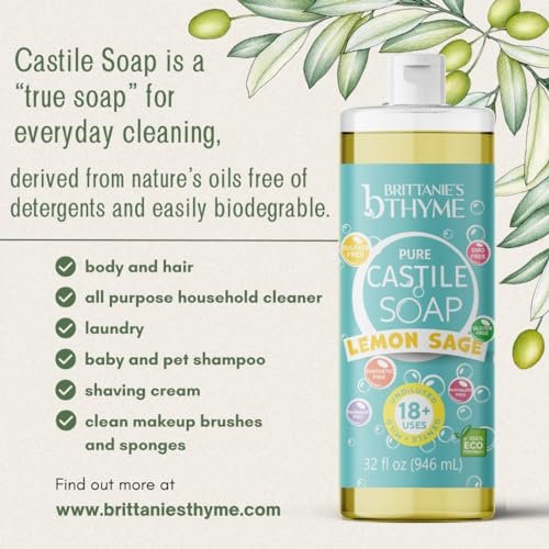 Brittanie's Pure Castile Liquid Soap Refill, Lemon Sage, 32 Ounce (Pack of 2) - Gentle & Natural Dish Soap, Hair & Body Wash, Vegan, Gluten-Free, Non-GMO Avelisse