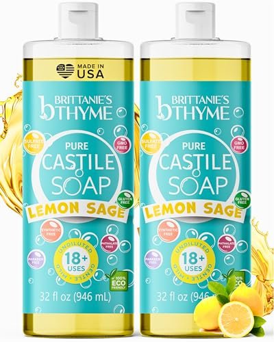 Brittanie's Pure Castile Liquid Soap Refill, Lemon Sage, 32 Ounce (Pack of 2) - Gentle & Natural Dish Soap, Hair & Body Wash, Vegan, Gluten-Free, Non-GMO Avelisse
