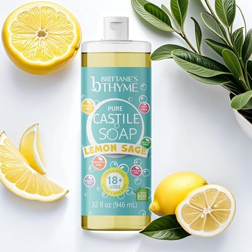 Brittanie's Pure Castile Liquid Soap Refill, Lemon Sage, 32 Ounce (Pack of 2) - Gentle & Natural Dish Soap, Hair & Body Wash, Vegan, Gluten-Free, Non-GMO Avelisse