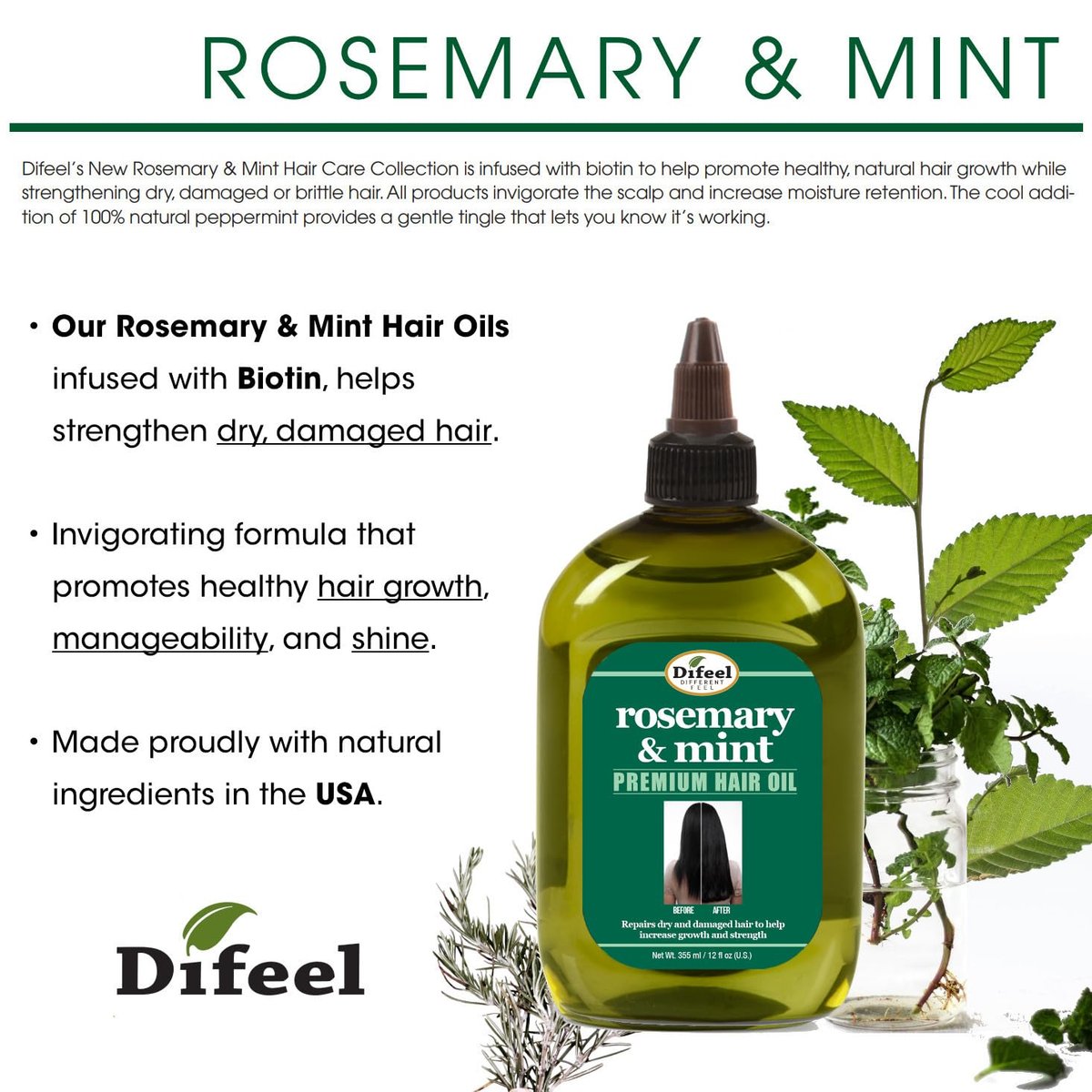 Difeel Rosemary and Mint Premium Hair Oil with Biotin - Large 12 oz - Natural Rosemary Oil for Hair Growth & Biotin - görsel 9