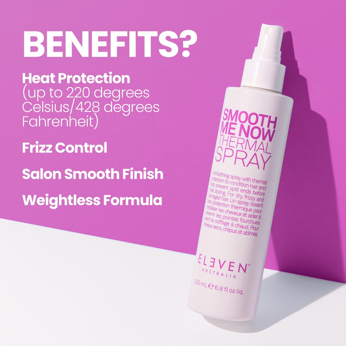 ELEVEN AUSTRALIA Smooth Me Now Thermal Spray - Heat Protectant for Women & Men, Anti-Frizz, Lightweight, 6.8 fl oz Avelisse