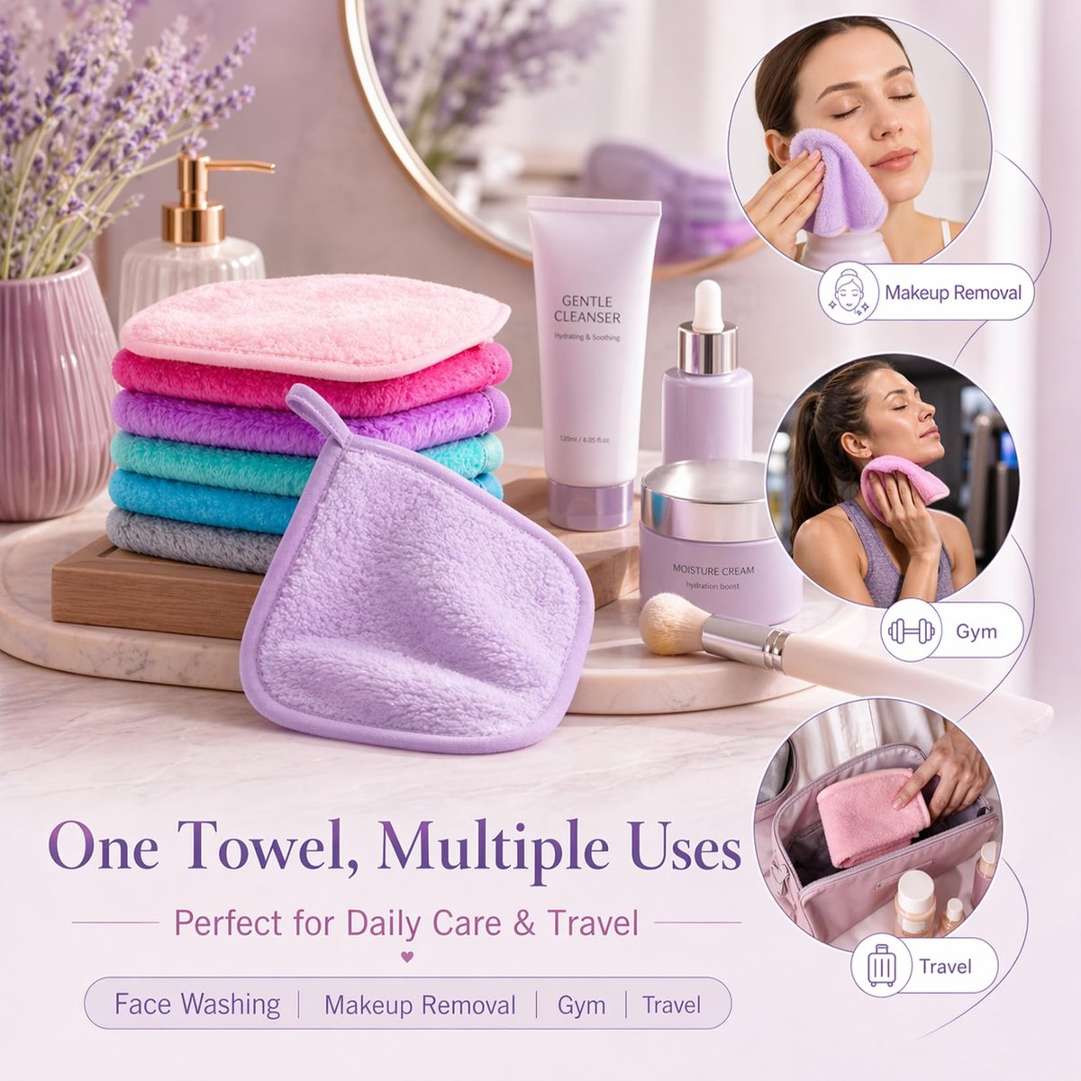 Sukh Makeup Remover Cloth - 7PCS Reusable Microfiber Face Towels, 6x6 Inch Soft Facial Cleansing Cloths for Women, Gentle Washable Makeup Remover Pads for All Skin Types, Travel & Daily Use - görsel 3