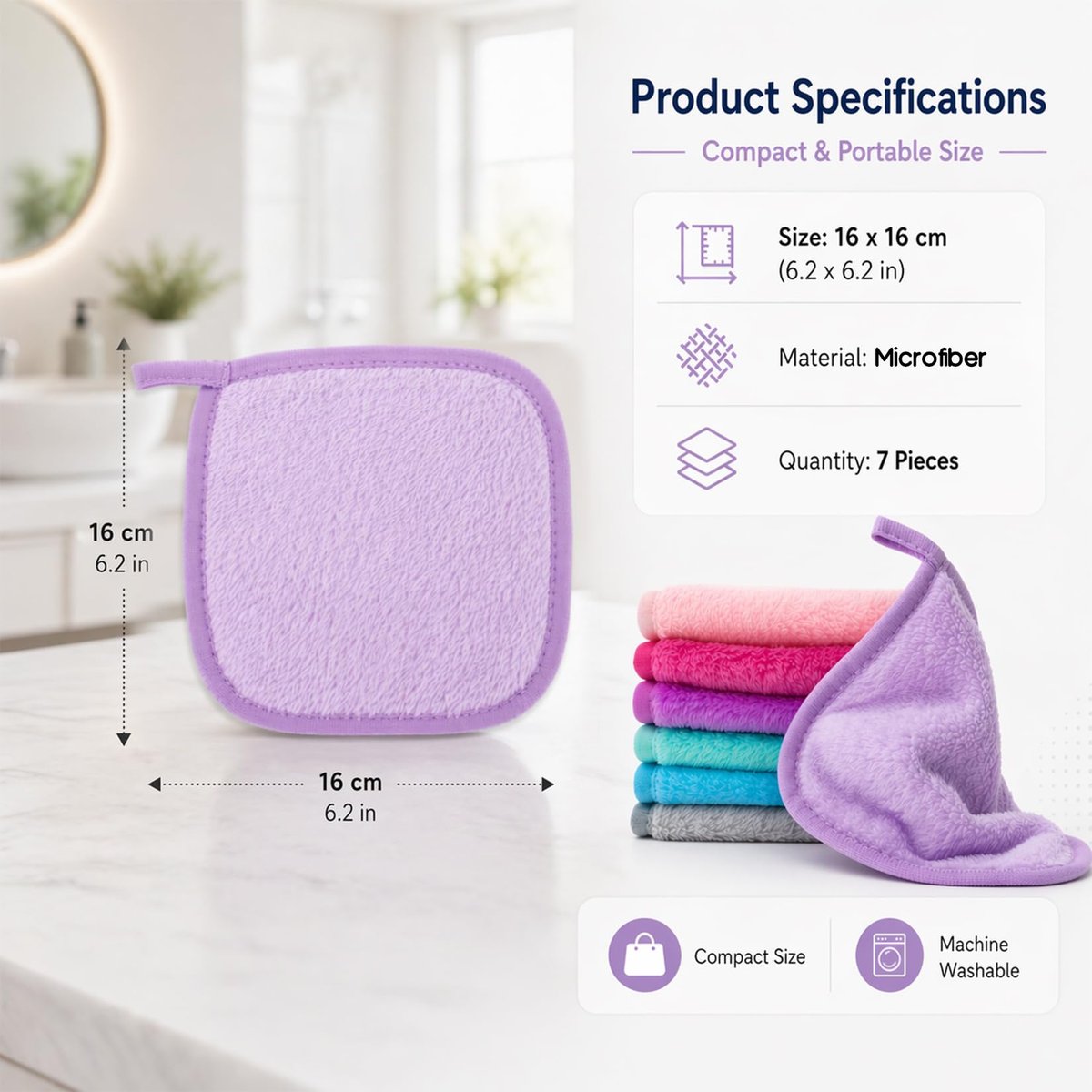 Sukh Makeup Remover Cloth - 7PCS Reusable Microfiber Face Towels, 6x6 Inch Soft Facial Cleansing Cloths for Women, Gentle Washable Makeup Remover Pads for All Skin Types, Travel & Daily Use - görsel 13