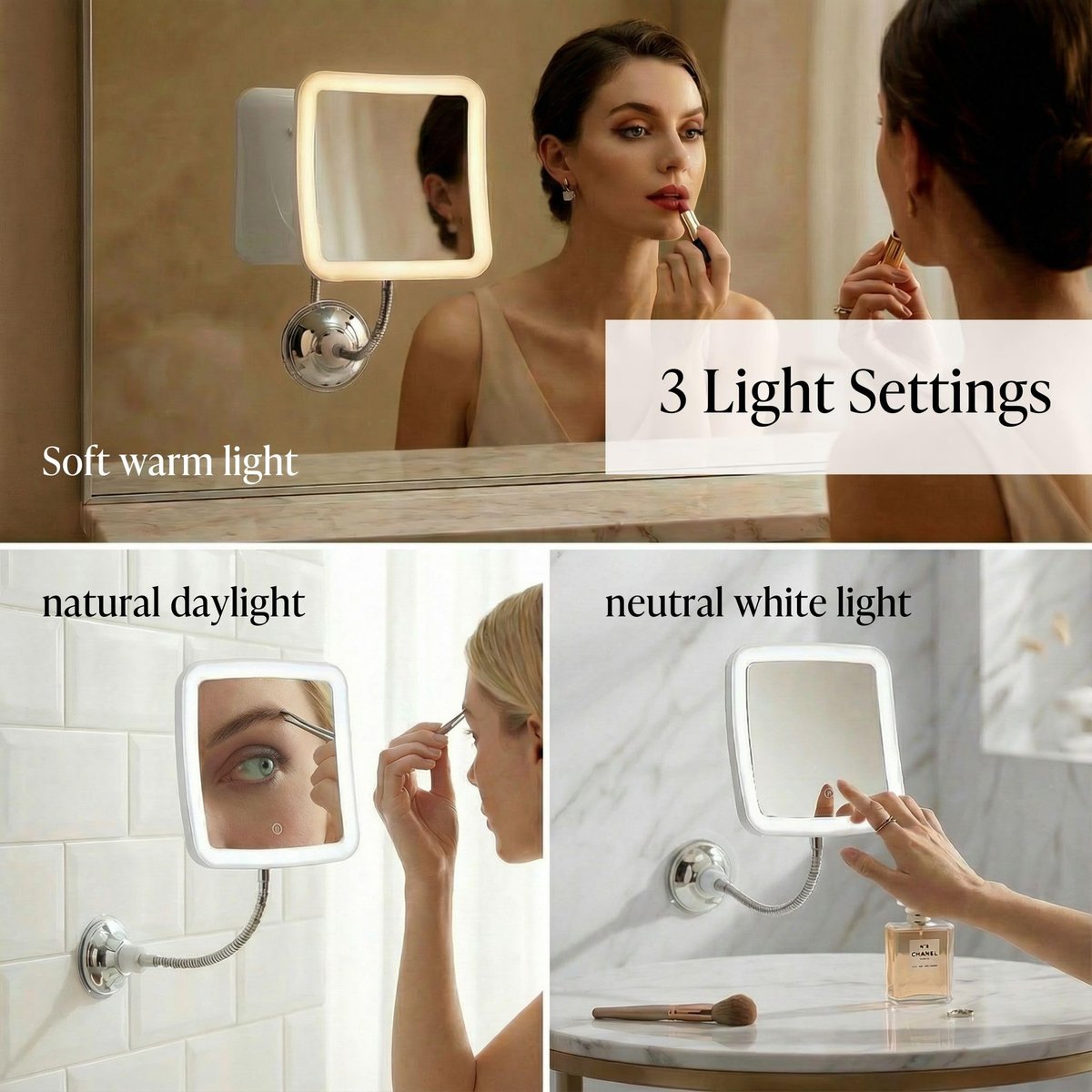 Fancii 10x Flexible Magnifying Mirror with 3 LED Light Settings, Rechargeable - Gooseneck Lighted Makeup Mirror for Bathroom, Locking Suction Mount, Cordless, 360° Rotatable (Mira 2 Plus) Avelisse