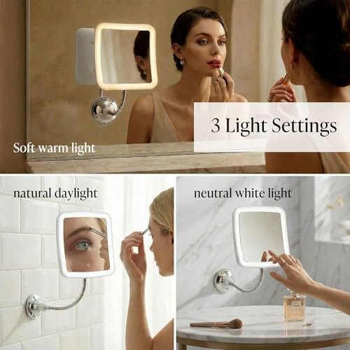 Fancii 10x Flexible Magnifying Mirror with 3 LED Light Settings, Rechargeable - Gooseneck Lighted Makeup Mirror for Bathroom, Locking Suction Mount, Cordless, 360° Rotatable (Mira 2 Plus) Avelisse