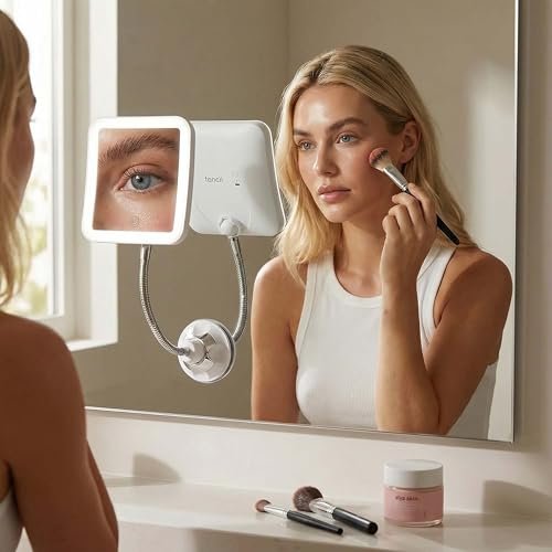 Fancii 10x Flexible Magnifying Mirror with 3 LED Light Settings, Rechargeable - Gooseneck Lighted Makeup Mirror for Bathroom, Locking Suction Mount, Cordless, 360° Rotatable (Mira 2 Plus) Avelisse