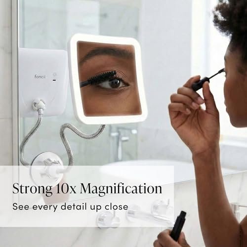 Fancii 10x Flexible Magnifying Mirror with 3 LED Light Settings, Rechargeable - Gooseneck Lighted Makeup Mirror for Bathroom, Locking Suction Mount, Cordless, 360° Rotatable (Mira 2 Plus) Avelisse