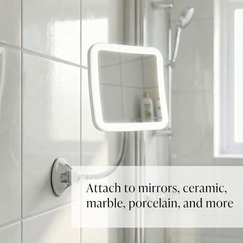 Fancii 10x Flexible Magnifying Mirror with 3 LED Light Settings, Rechargeable - Gooseneck Lighted Makeup Mirror for Bathroom, Locking Suction Mount, Cordless, 360° Rotatable (Mira 2 Plus) Avelisse