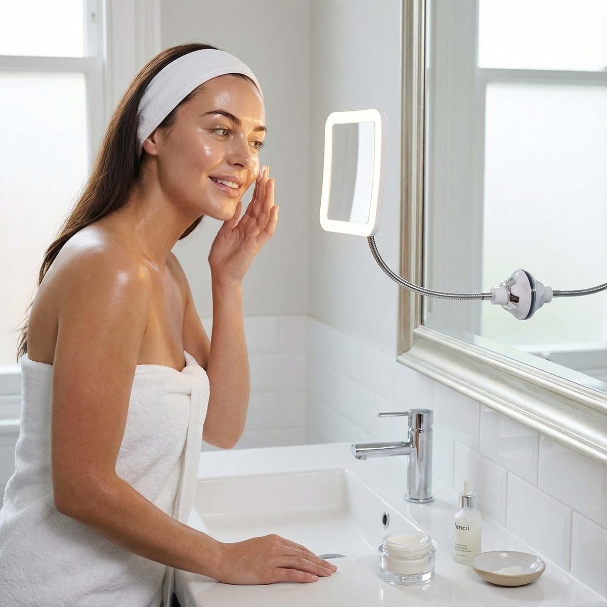 Fancii 10x Flexible Magnifying Mirror with 3 LED Light Settings, Rechargeable - Gooseneck Lighted Makeup Mirror for Bathroom, Locking Suction Mount, Cordless, 360° Rotatable (Mira 2 Plus) Avelisse