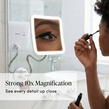 Fancii 10x Flexible Magnifying Mirror with 3 LED Light Settings, Rechargeable - Gooseneck Lighted Makeup Mirror for Bathroom, Locking Suction Mount, Cordless, 360° Rotatable (Mira 2 Plus) Avelisse