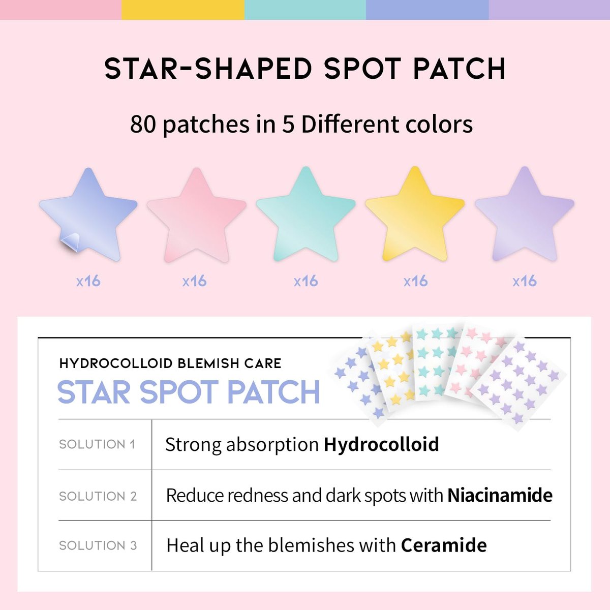 #OOTD Star Pimple Patches – Hydrocolloid Acne Spot Treatment with Niacinamide & Ceramide, Cute Pastel Colors, K-Beauty Skincare for Face, 80 Count Avelisse