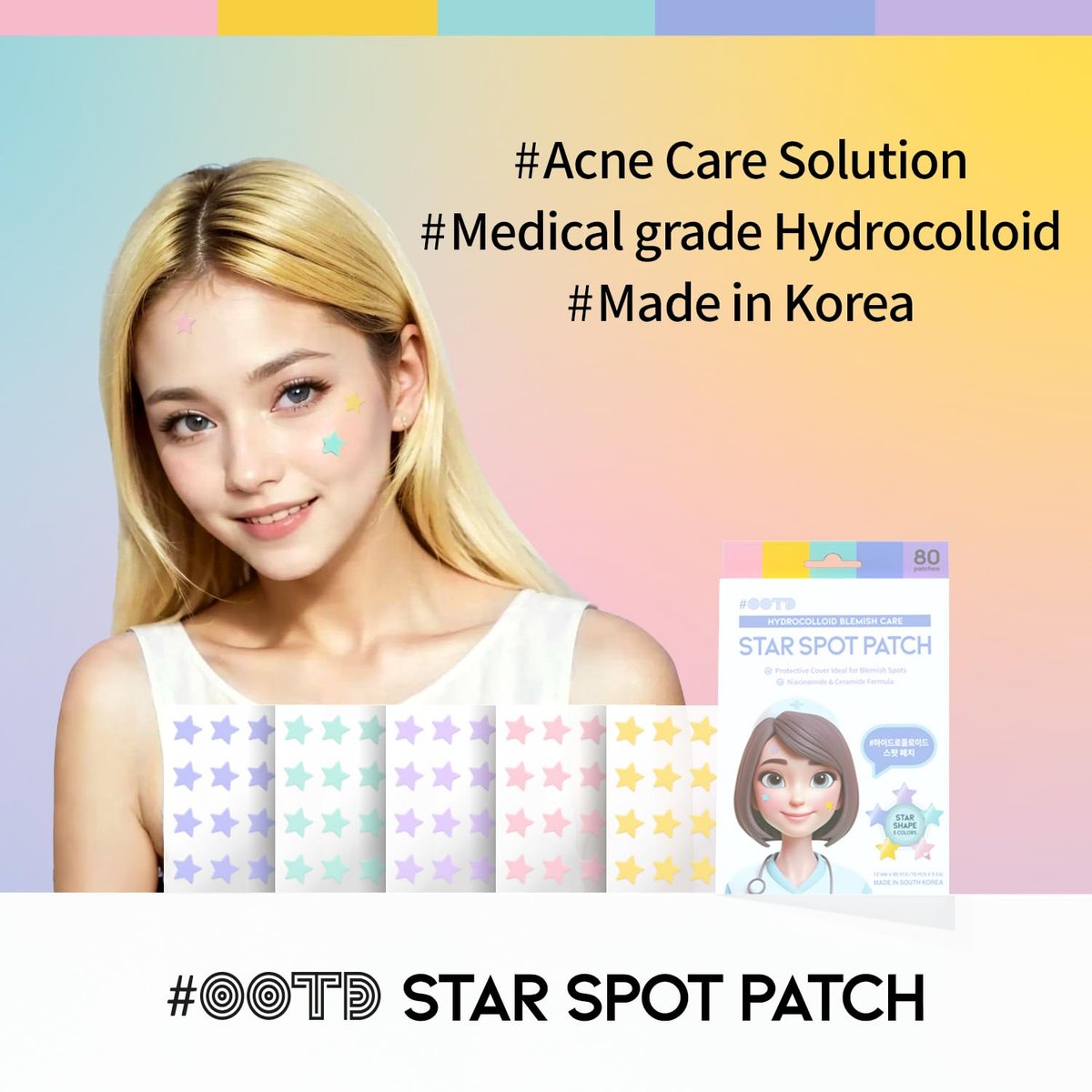 #OOTD Star Pimple Patches – Hydrocolloid Acne Spot Treatment with Niacinamide & Ceramide, Cute Pastel Colors, K-Beauty Skincare for Face, 80 Count Avelisse