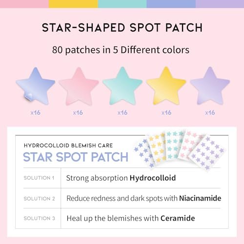 #OOTD Star Pimple Patches – Hydrocolloid Acne Spot Treatment with Niacinamide & Ceramide, Cute Pastel Colors, K-Beauty Skincare for Face, 80 Count Avelisse
